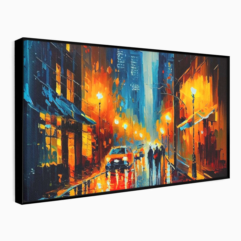 Tablou canvas cu pictura stradala cu oras plouat, in rama de aluminiu negru